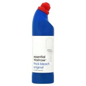 清潔用品 Essential Waitrose Thick Original Bleach。活性成分：次氯酸鈉2.5至5.0%。