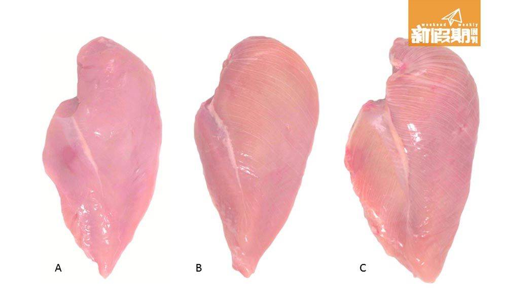 雞胸肉 圖A 為正常；圖B 為適中； C為嚴重 （Poultry Science, Volume 92, Issue 2, 1 February 2013）