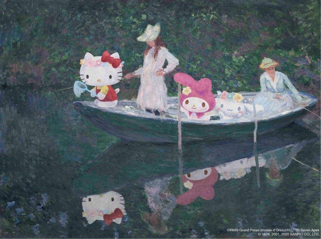 Sanrio 《吉維尼小船》Hello Kitty、My Melody 和 Cinnamoroll (玉桂狗) 受邀與淑女們一同乘船遊覽，Kitty 手持著小魚 網，好奇地看向水中，是否有發現什麼生物 呢?