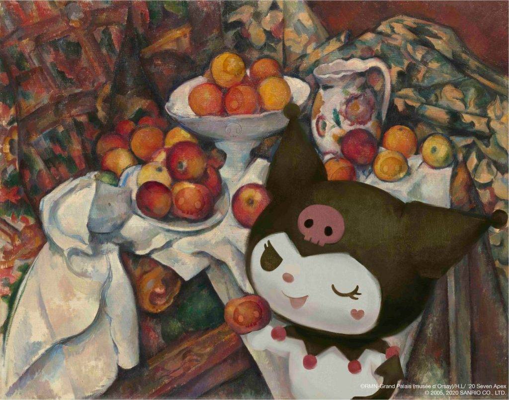 Sanrio 《蘋果和橘子》Kuromi與靜物畫正好形成一動一靜的 對比，仔細看，畫中還有幾個蘋果帶有她的標 誌骷顱頭。