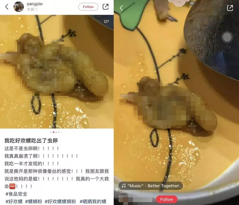 網友指自己食螺絲粉發現蟲卵 （圖片來源：北京新浪網 的小紅書截圖）