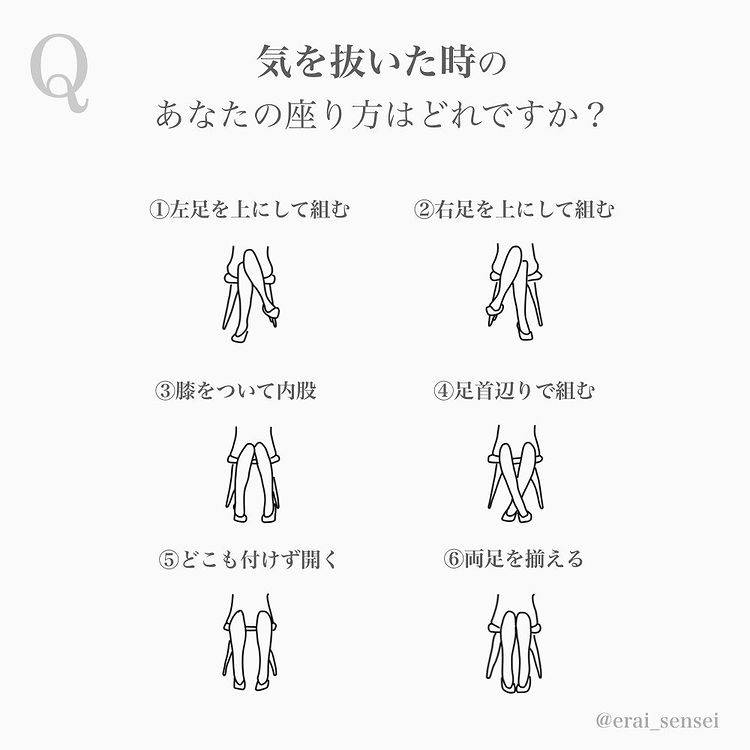 翹腳 蹺腳 你是否已經在第1至第3種坐姿找到自己？如未有，那就可能是第4至第6種坐姿的性格類型。