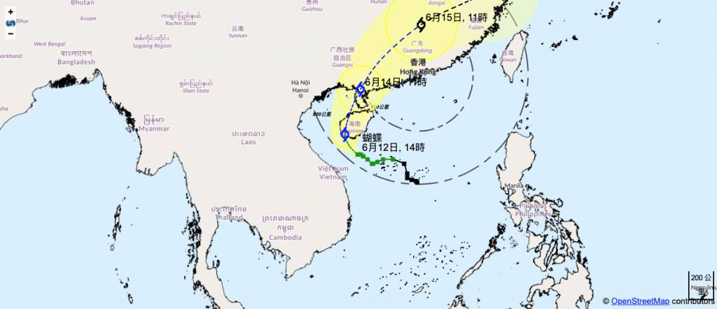 颱風 打風 根據天文台發佈最新的「蝴蝶」預測路徑圖,「蝴蝶」將於明天升級至「強烈熱帶風暴」。(圖片來源:官網@香港天文台)