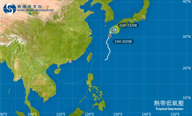 熱帶低氣壓 位於東海的熱帶氣旋會在今明兩日移向日本九州以西海域並逐漸減弱