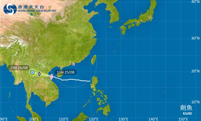 劍魚會在今日移向越南北部，隨後在中南半島內陸逐漸消散