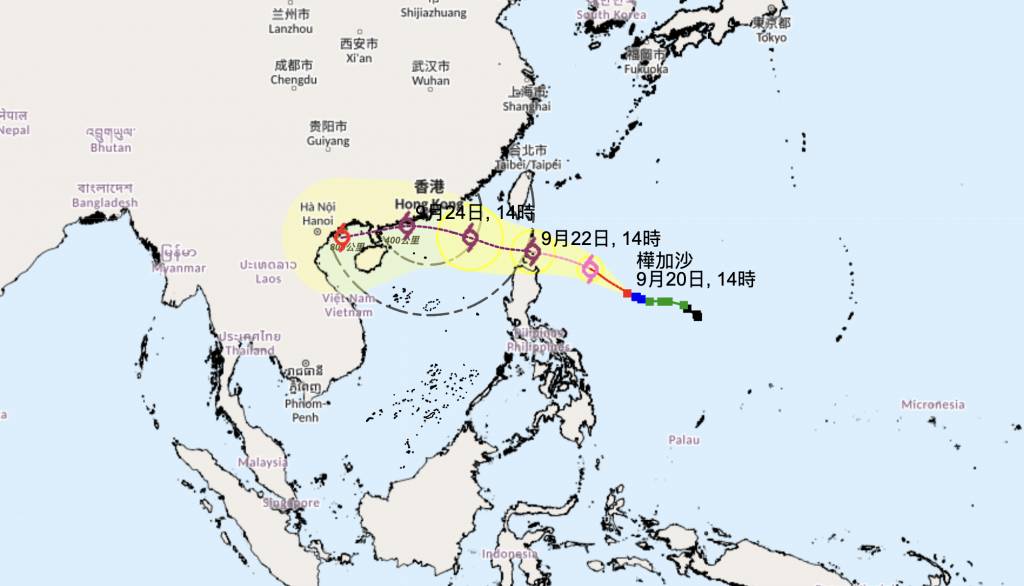 樺加沙 天文台 天文台發佈被稱「山竹2.0」的樺加沙預測路徑圖,樺加沙在下周一(22日)至下周三(24日)都維持最高級別「超強颱風」。(圖片來源:香港天文台)