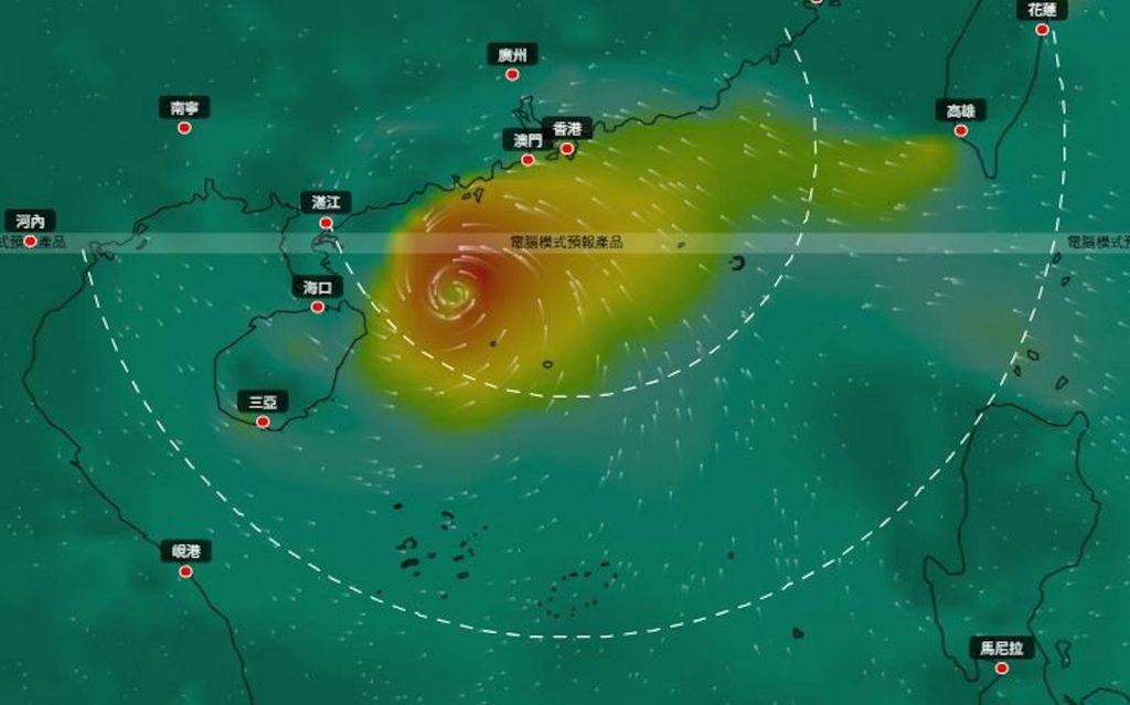打風 天文台 風烏AI天氣系統預測,9月14日將有熱帶氣旋再度進入南海,9月15日熱帶氣旋逼近香港,進入400公里範圍,當日達至本港最近距離,至9月16及17日則預料逐步移向廣西地區。(圖片來源:天文台風烏AI預測系統)