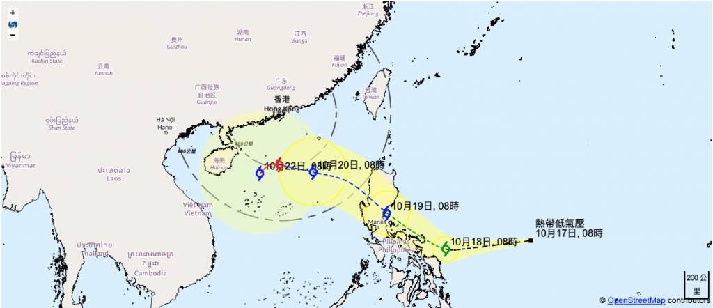 打風 天文台 位於菲律賓以東海域的低壓區已增強為熱帶低氣壓,並將在下周二(21日)增強為颱風,當日也是最接近香港的日子。(圖片來源:香港天文台)
