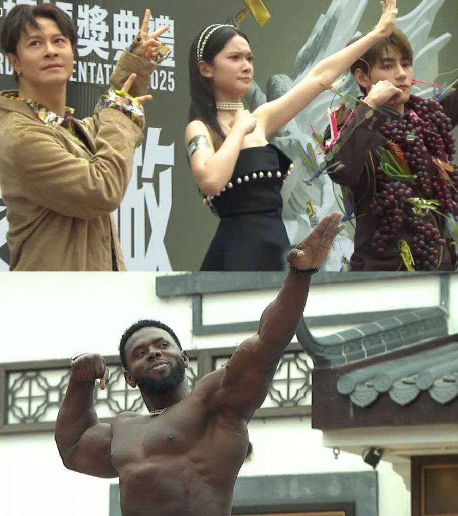 叱咤樂壇流行榜 mc張天賦 今年大會安排了一位身材健碩的外籍壯男,要求歌手們學習他示範的健身甫士,被樂迷認為「無嗰樣整嗰樣 」。(圖片來源:youtube@商業電台 Hong Kong Toolbar)